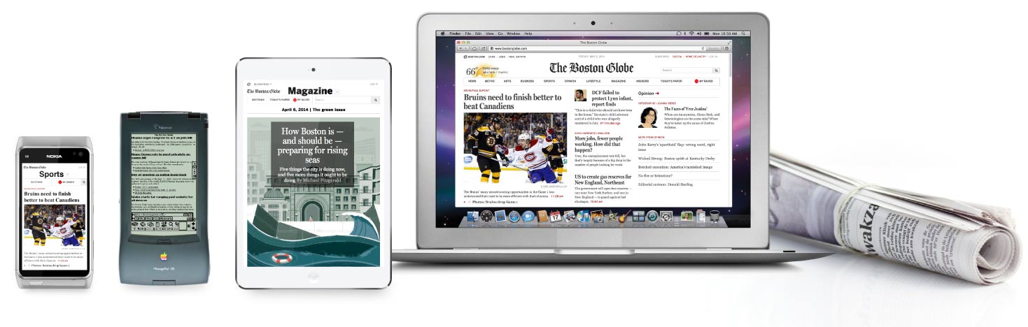 Front page of the Boston Globe displayed on variety of screen sizes, from mobile to desktop, next to a rolled up copy of the paper