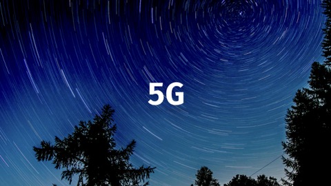 5G text with stars whirling around it 