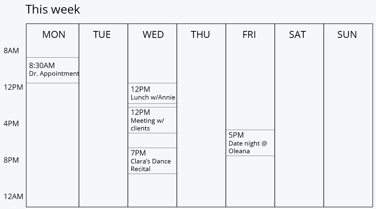 illustration of a weekly schedule component at large breakpoint.