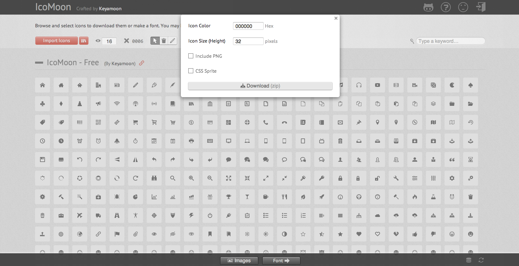 screenshot of the ico moon icon font generator.