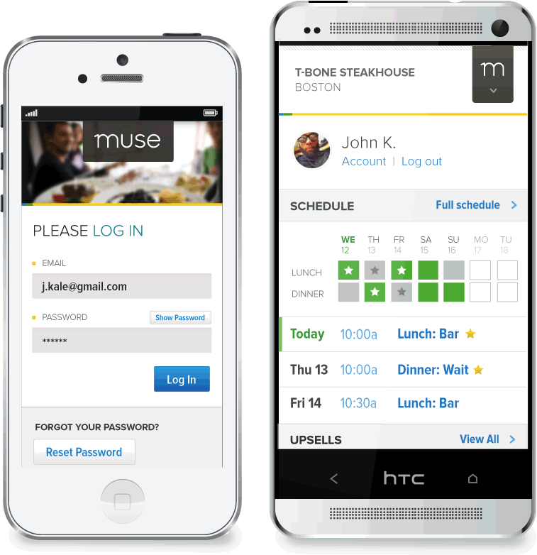 Objective Logistics application displayed on two mobile phones side-by-side. Both are co-branded with restaurants, and show the login screen and scheduling interface, respectively.