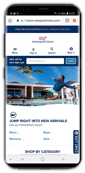 Vineyard Vines homepage screenshot on a mobile phone