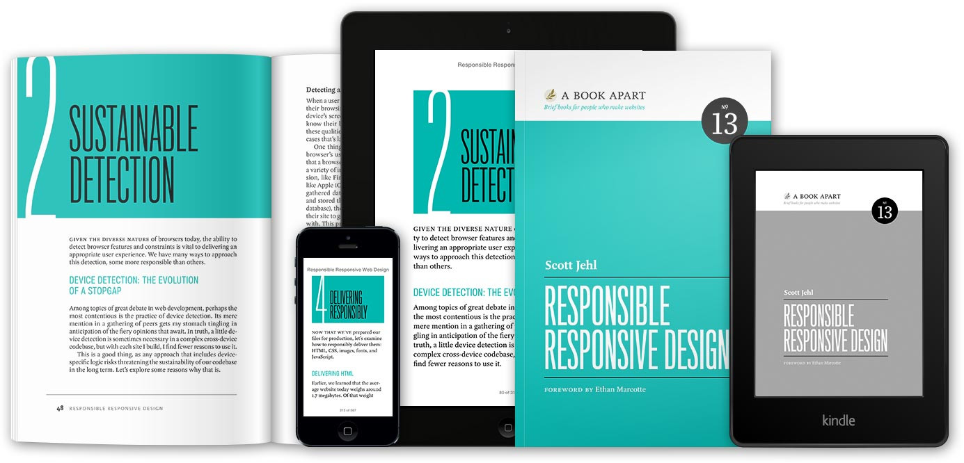 Responsible Responsive Design pages displayed in book form and on a variety of mobile devices