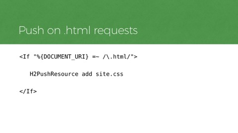 a code example showing 'H2PushResource add site.css' which would push a CSS file on the apache server