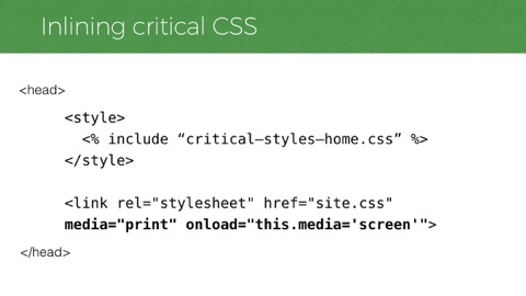 code example showing CSS inlined in a style element followed by an asynchronous link to a stylesheet